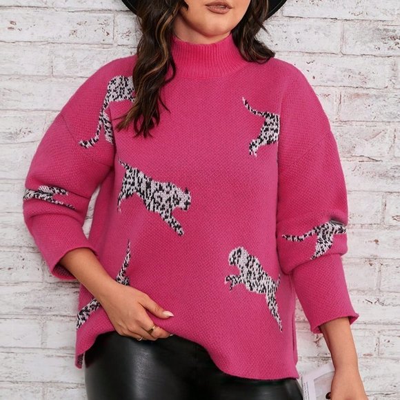 Plus Leopard Pattern Mock Neck Split Hem Sweater pink - Picture 1 of 5